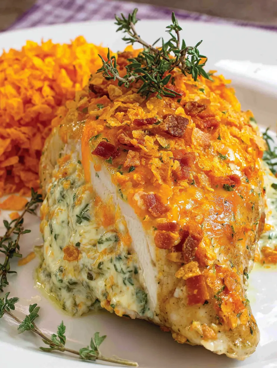 A piece of chicken with bacon and cheese on top.