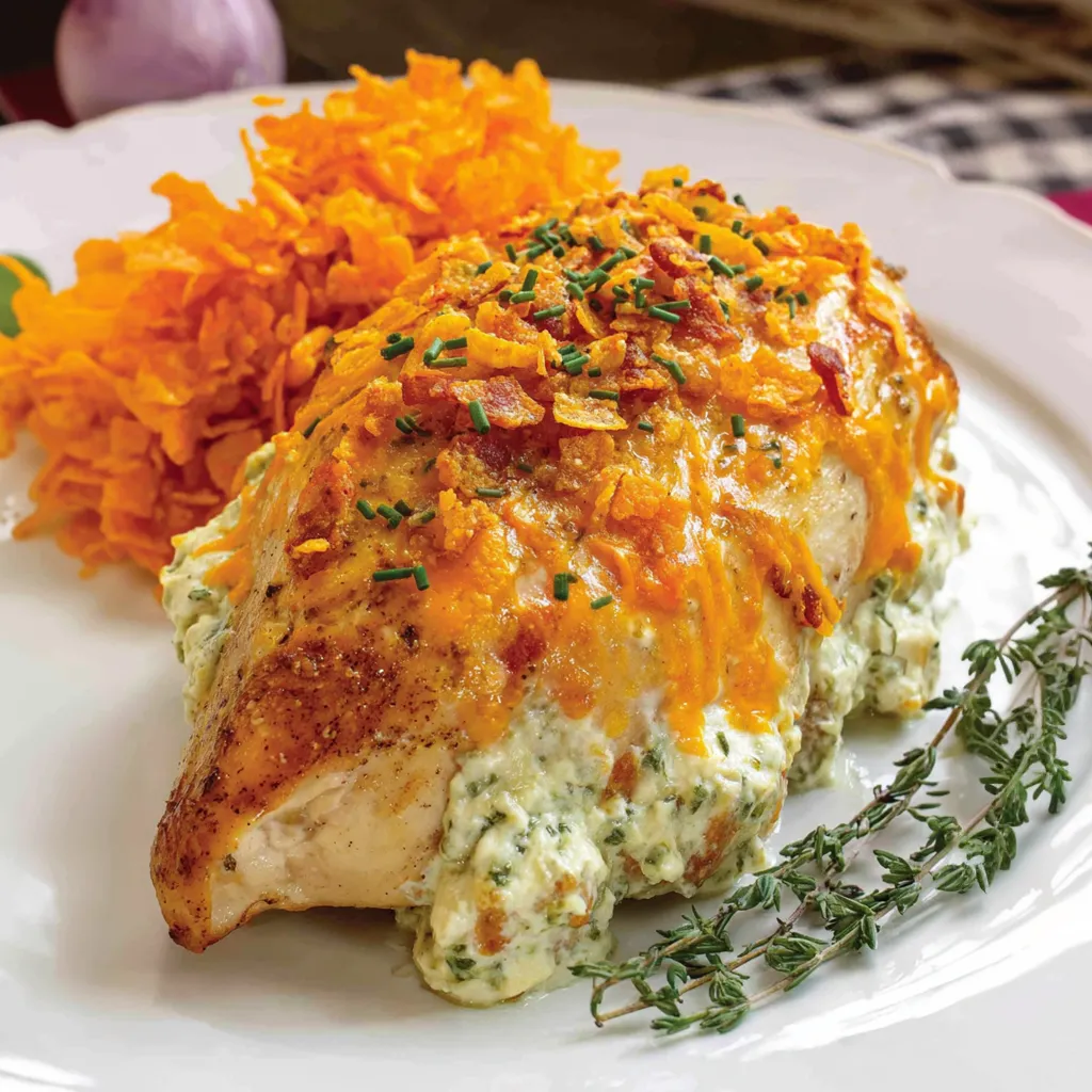 A plate of food with a piece of chicken and a side of potatoes.