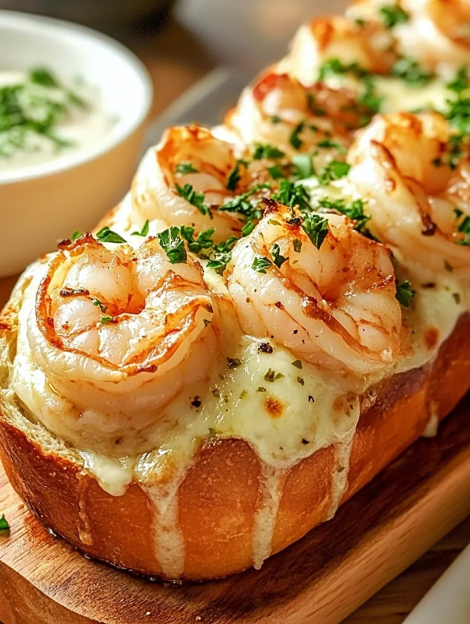 A garlic bread with shrimp on top.