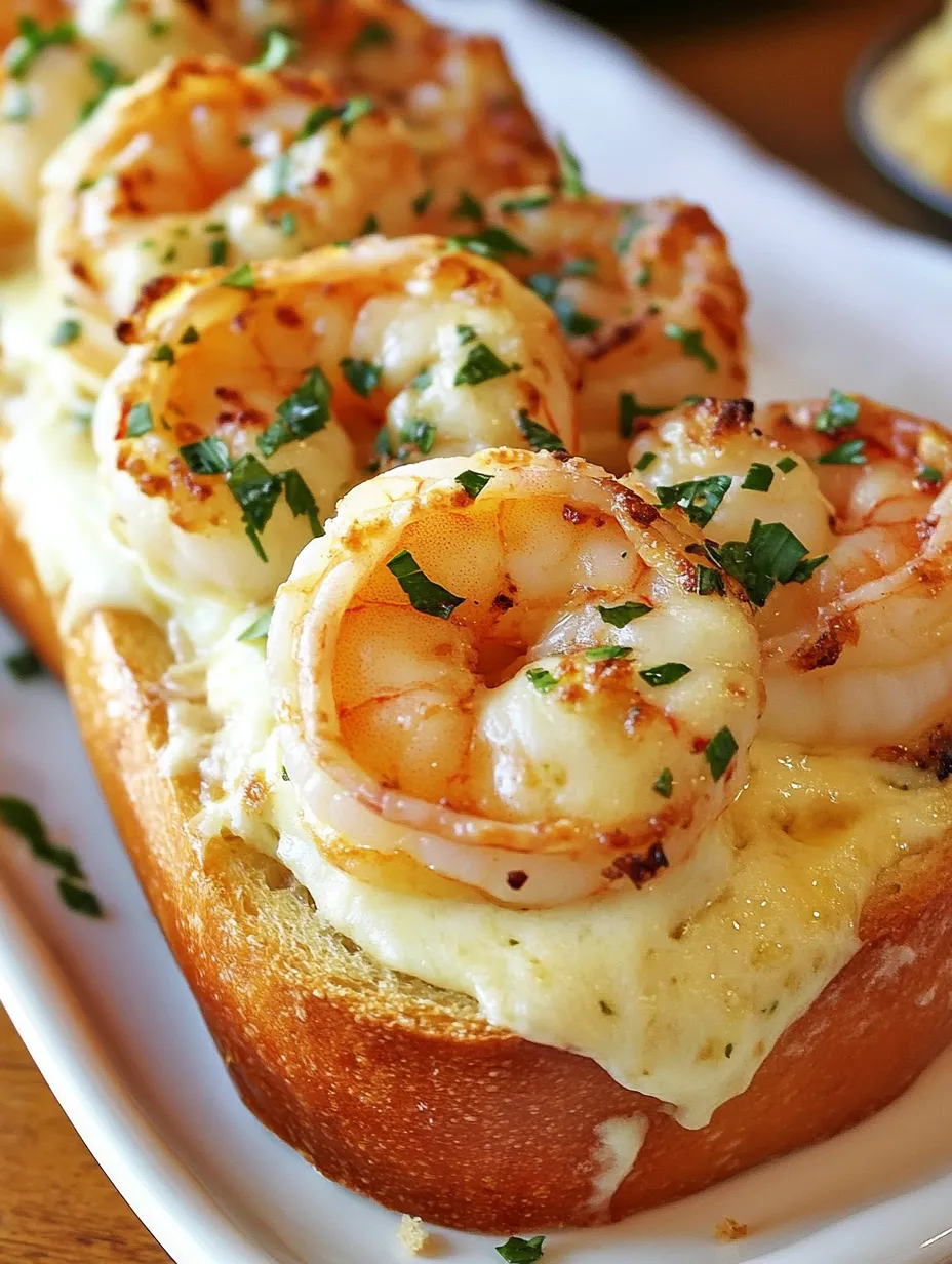 A plate of garlic bread with shrimp on top.
