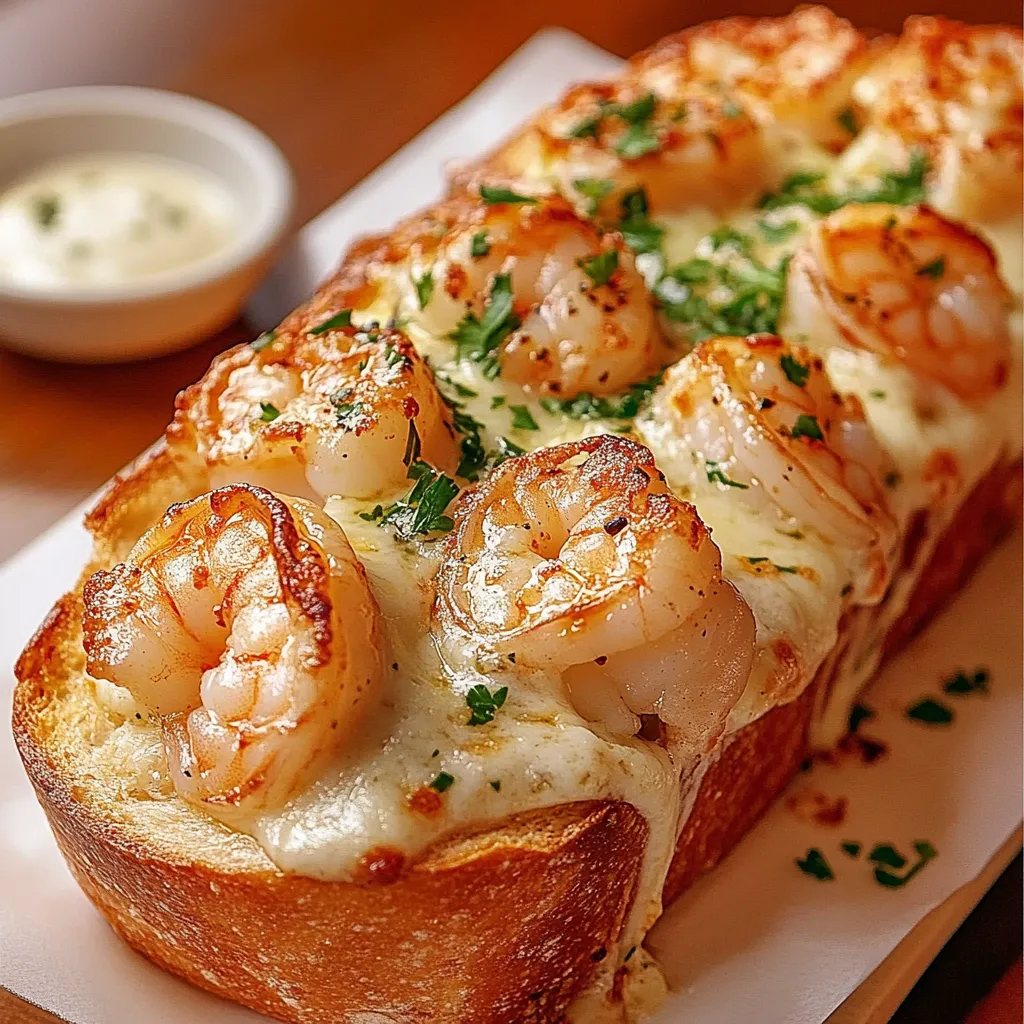 A garlic bread with shrimp and cheese on top.