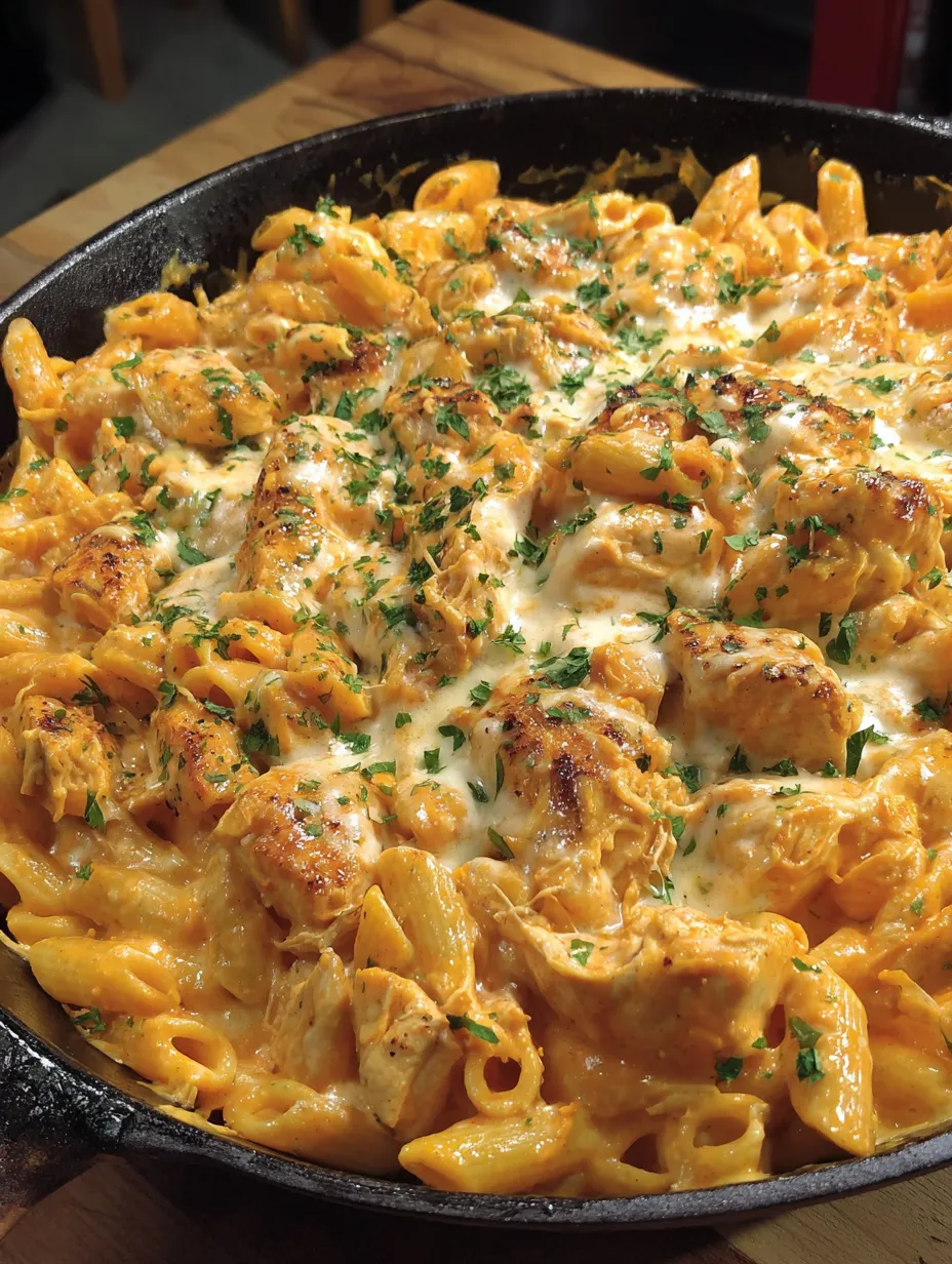 A skillet of cheesy pasta with chicken.