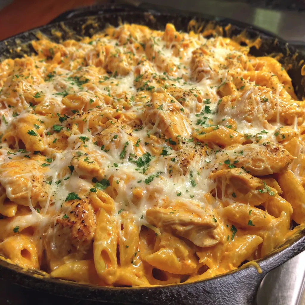 A skillet with a cheesy chicken and pasta dish.