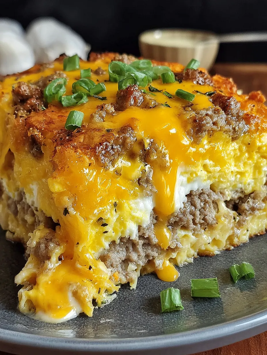 A close up of a sausage, egg, and cream cheese casserole.