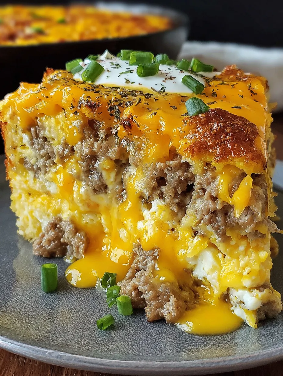 A slice of sausage, egg, and cream cheese casserole.