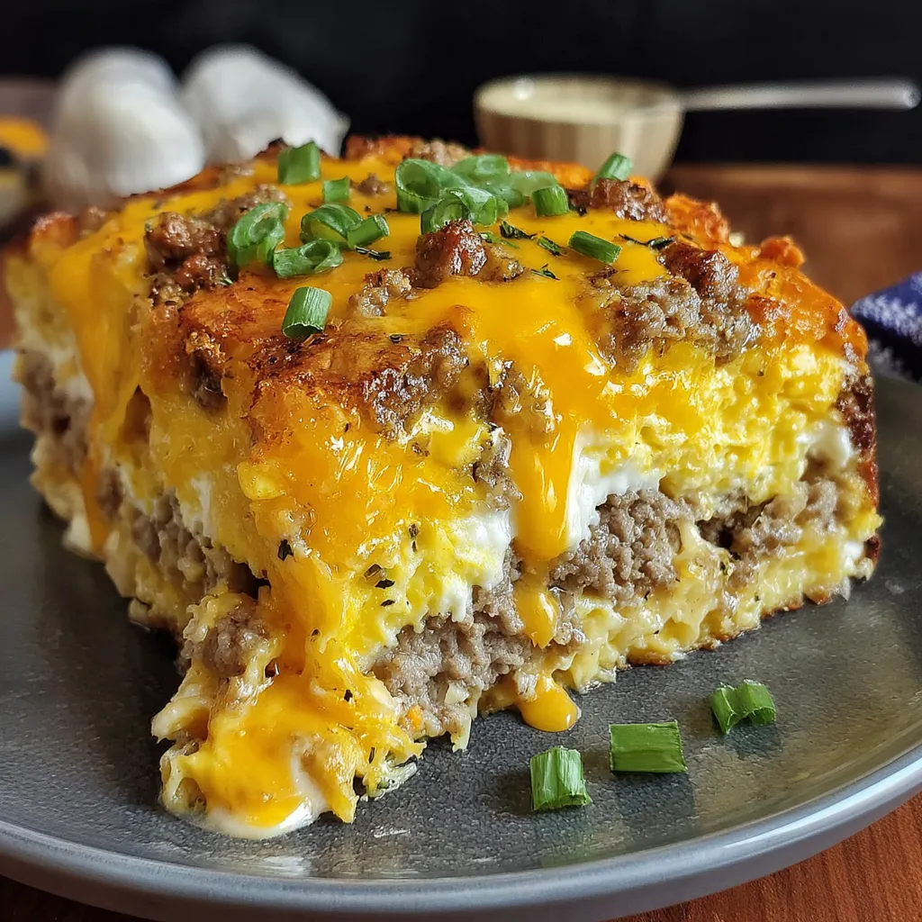 A slice of sausage, egg, and cream cheese casserole.