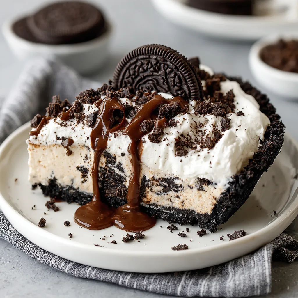 A slice of Oreo Mud Pie with a drizzle of chocolate sauce.