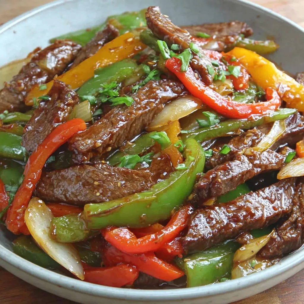 A plate of Chinese Pepper Steak Stir-Fry.