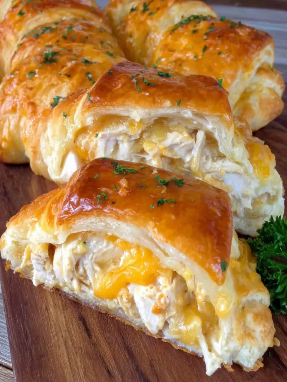 Cheesy chicken crescent rolls on a wooden table.