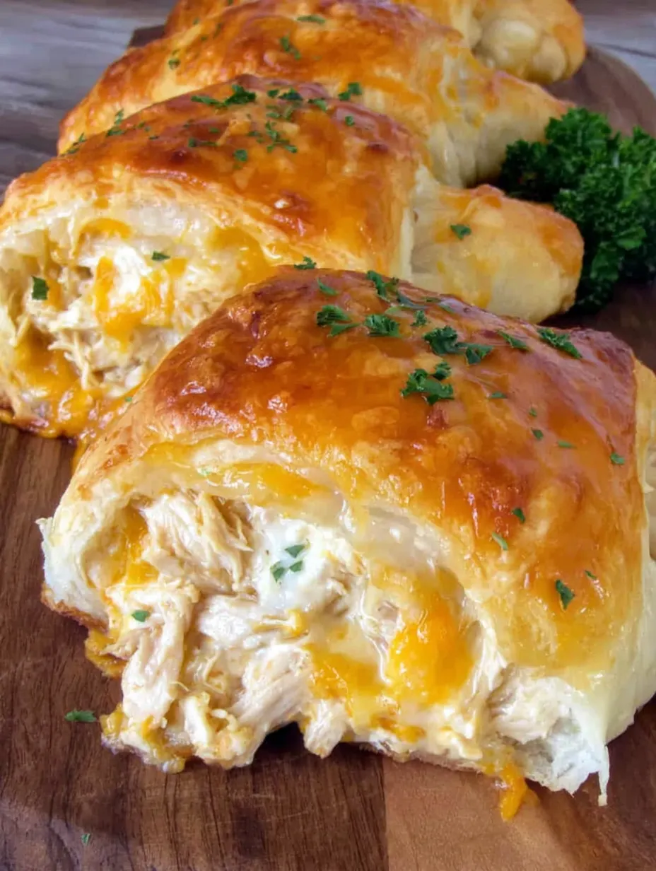 Two cheesy chicken crescent rolls on a wooden table.