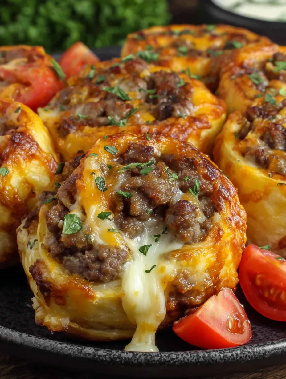 A plate of cheeseburger rollups with tomatoes and cheese.