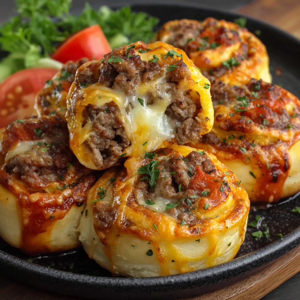 A plate of garlic butter cheeseburger rollups.