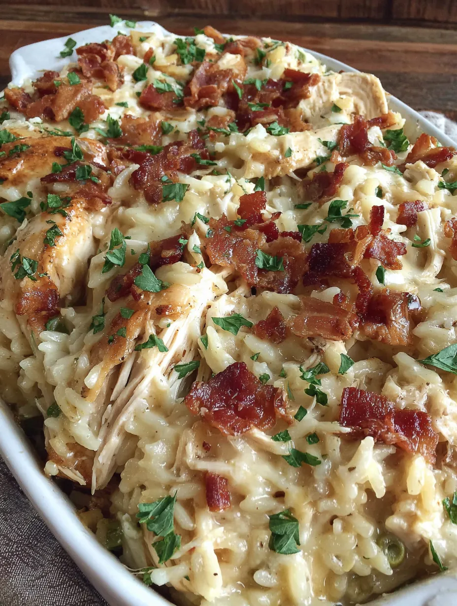 A dish of chicken and rice with bacon.