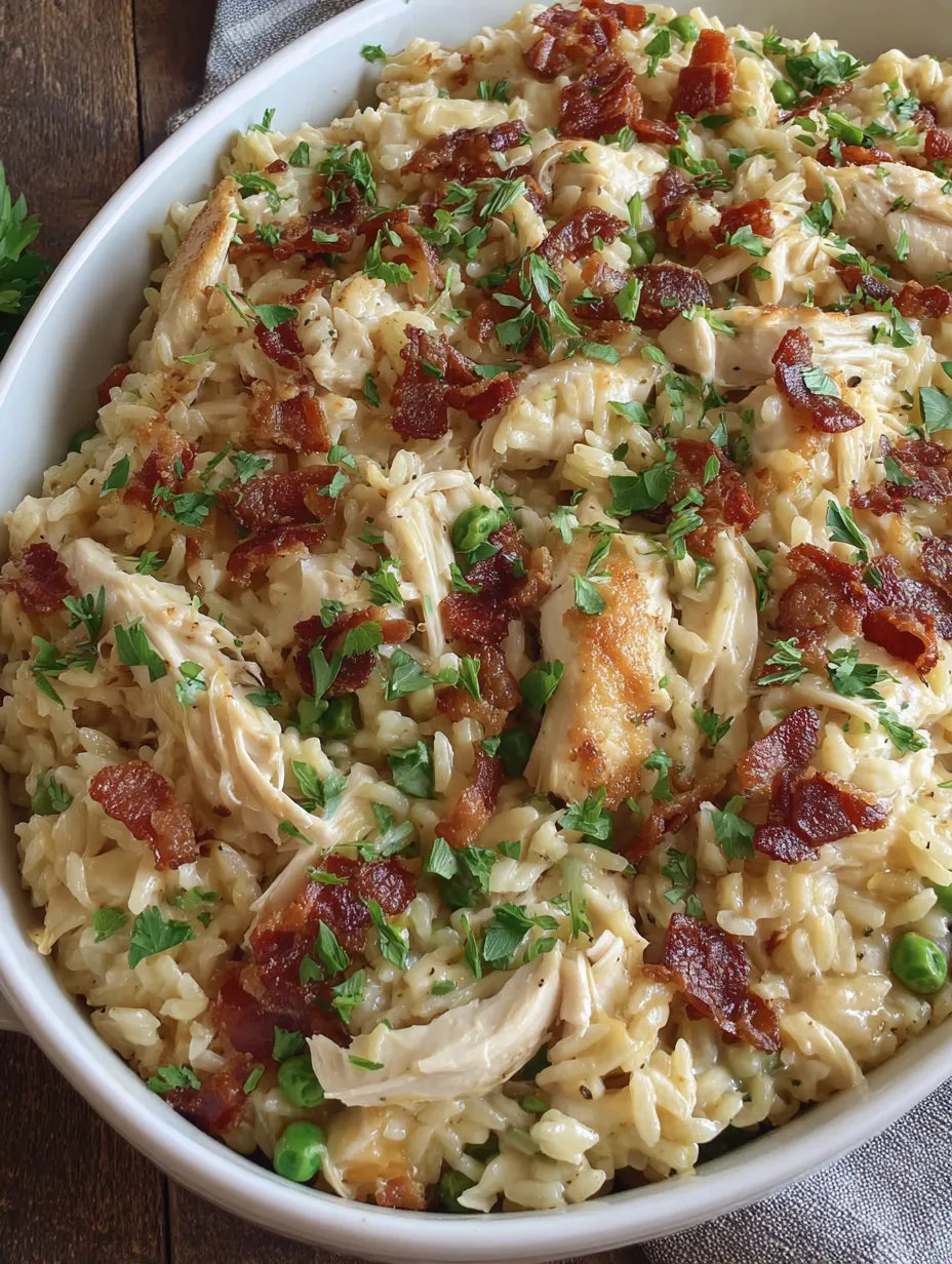 A dish of chicken and rice with bacon on top.