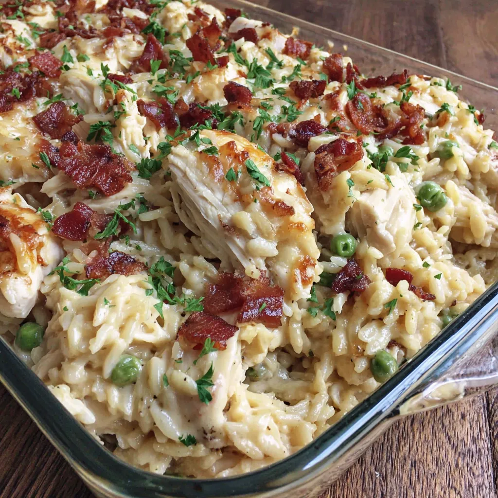 A casserole dish filled with chicken, rice, and peas.