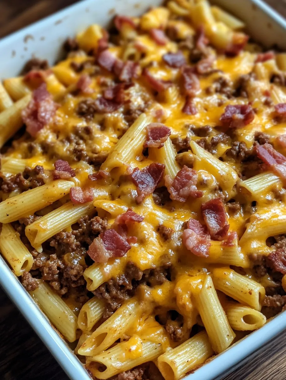 A dish of pasta with bacon and cheese.