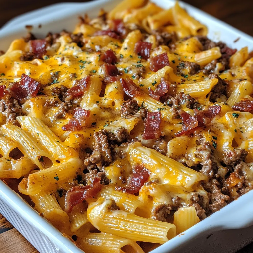 A dish of bacon cheeseburger pasta bake.