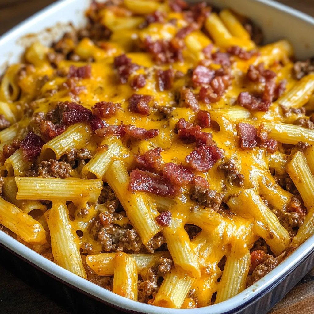 A dish of bacon cheeseburger pasta bake.