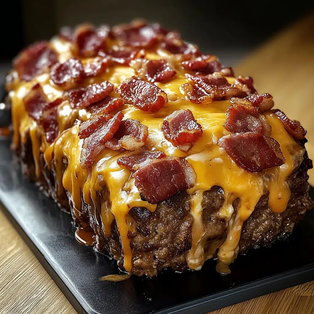 A close up of a bacon cheeseburger meatloaf.