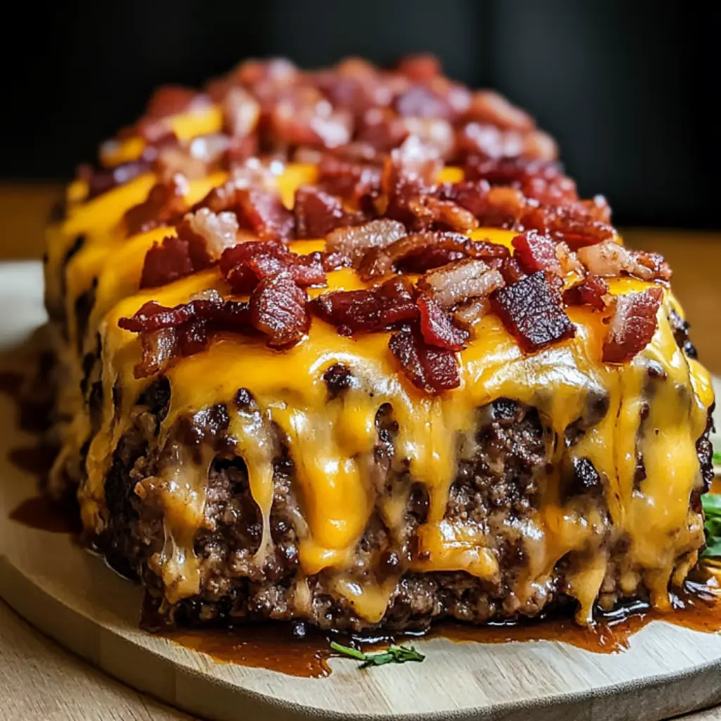 A close up of a bacon cheeseburger meatloaf.