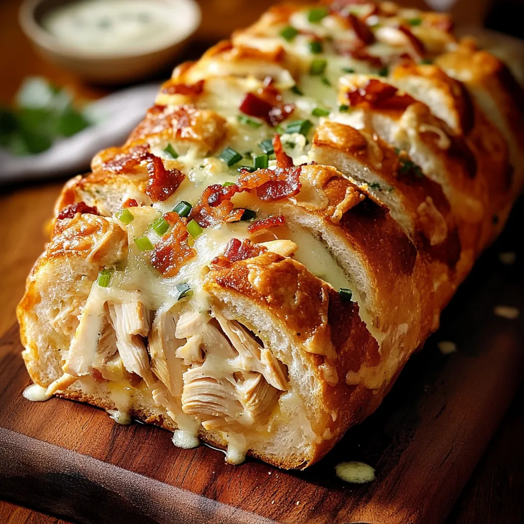 A chicken bacon ranch stuffed bread on a wooden cutting board.