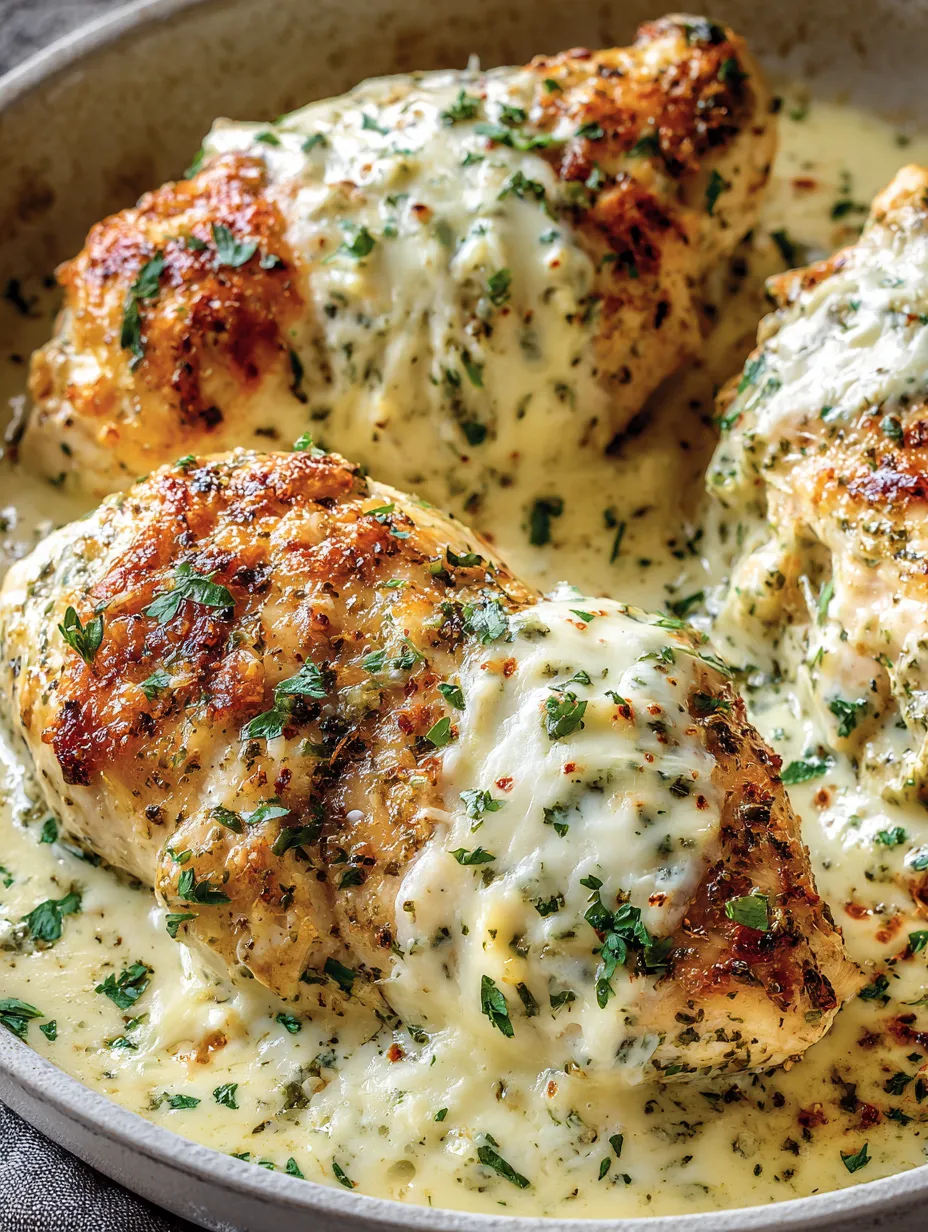 A dish of baked chicken with cream cheese and herbs.