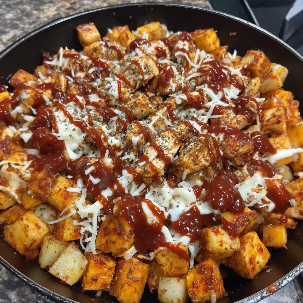A skillet filled with BBQ chicken and potatoes.