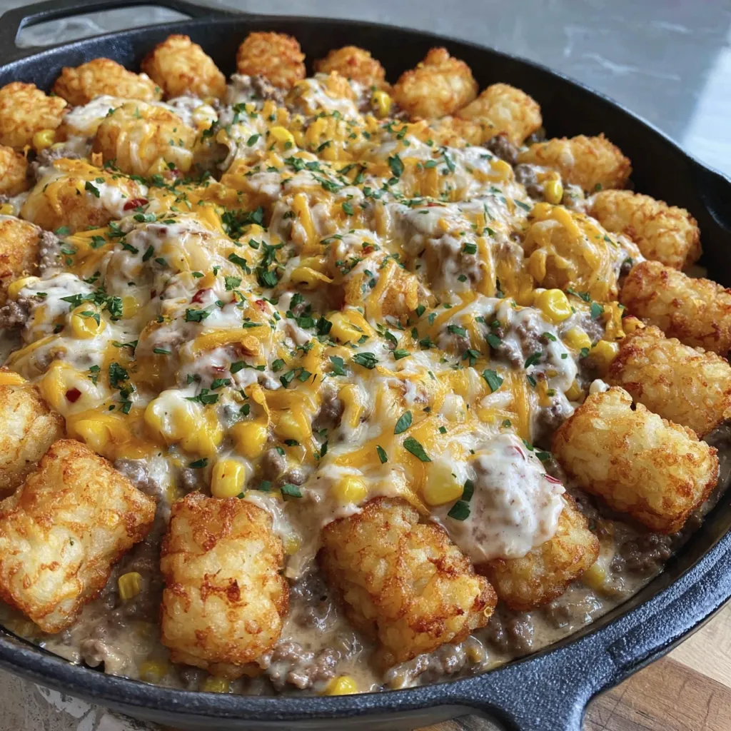 A delicious cowboy casserole in a black skillet.