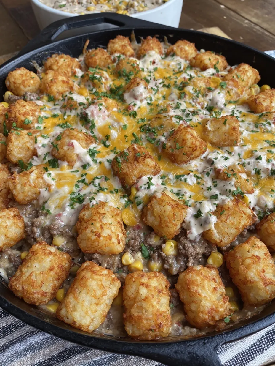 A delicious cowboy casserole with tater tots and cheese.