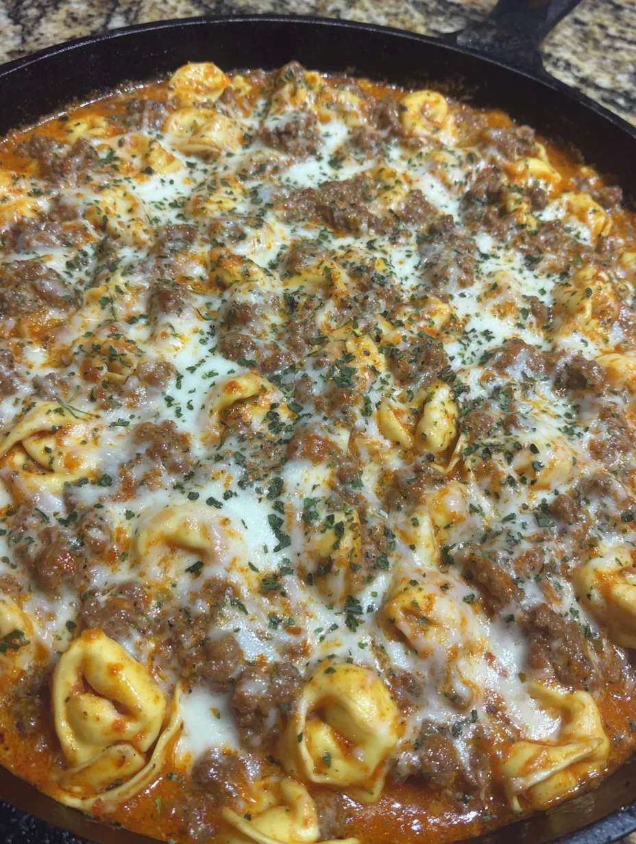 A close up of a creamy Italian sausage tortellini.