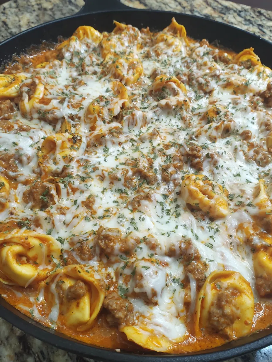A close up of a creamy Italian sausage tortellini.