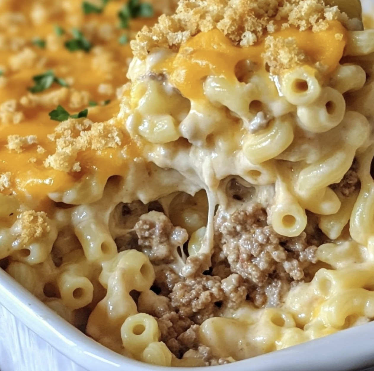 A cheesy macaroni and hamburger casserole.