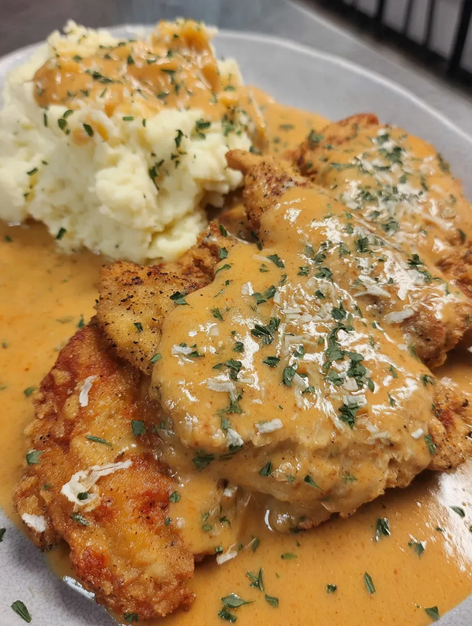A plate of creamy pan fried chicken.