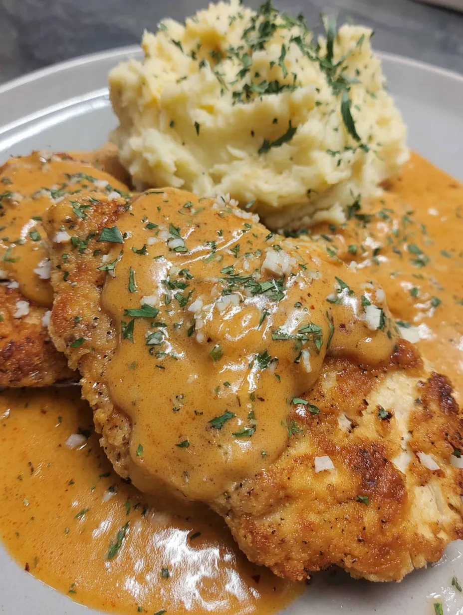 A plate of creamy pan fried chicken.