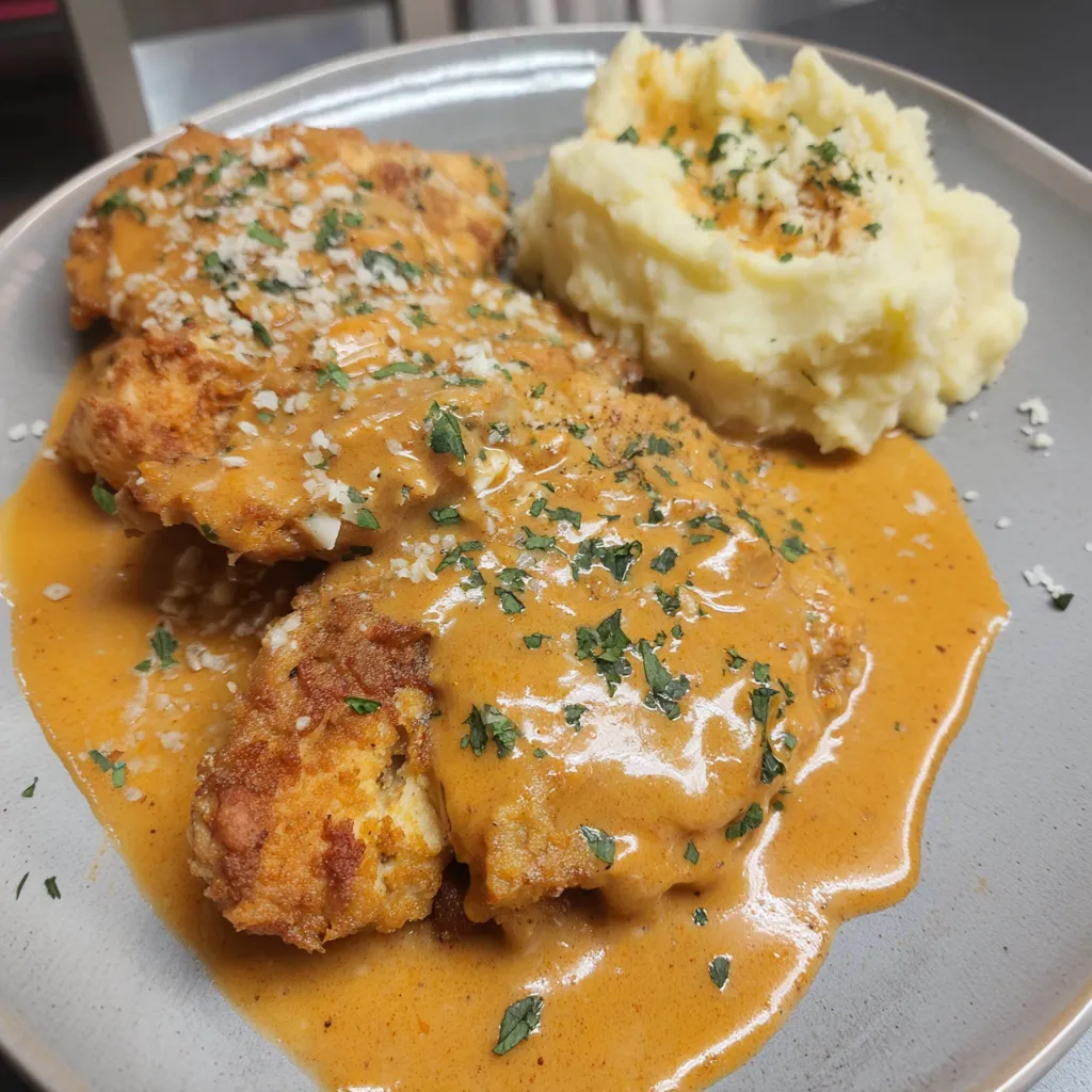 A plate of pan fried chicken with a creamy sauce.