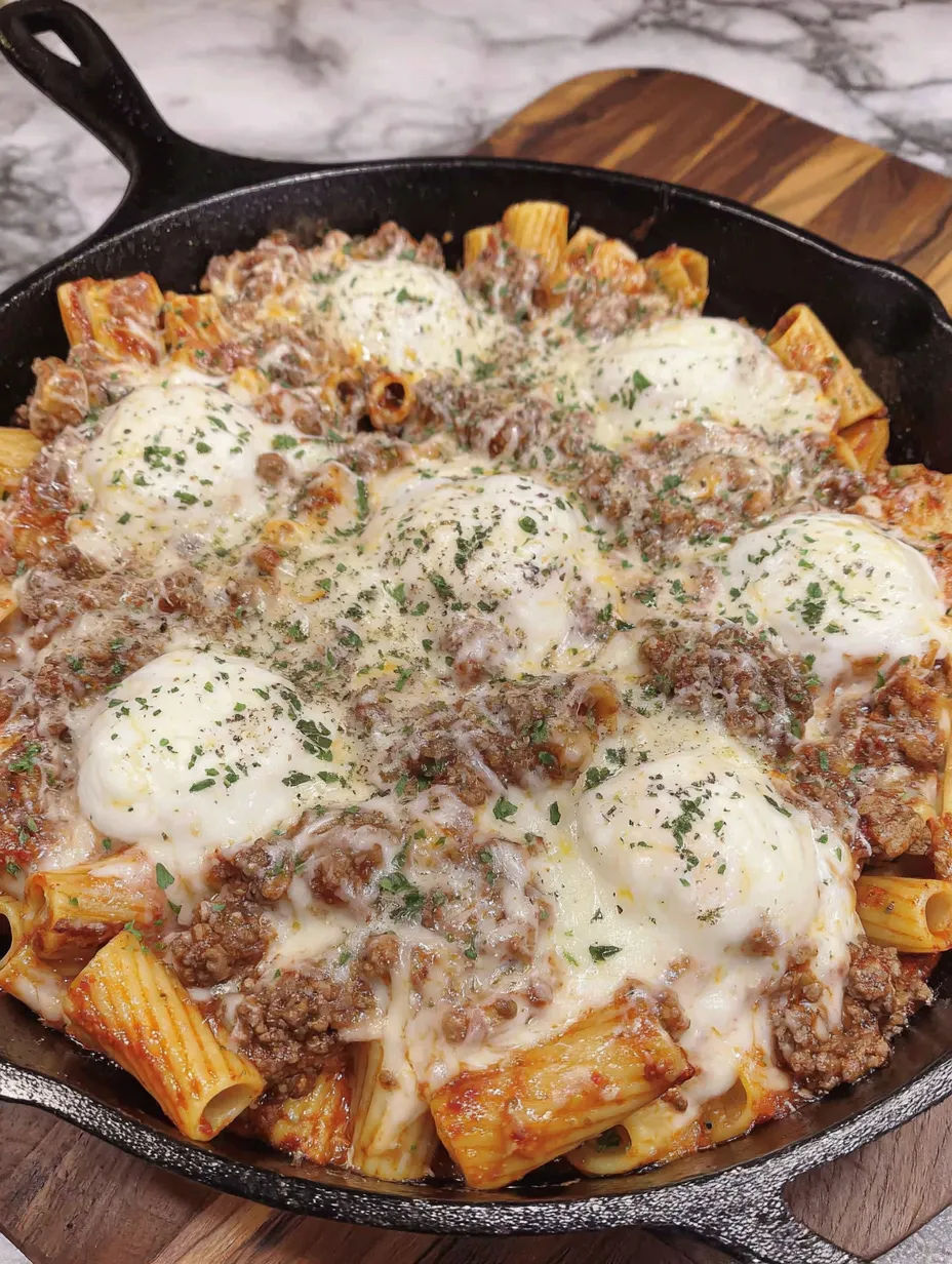 A skillet of pasta with meat and cheese.