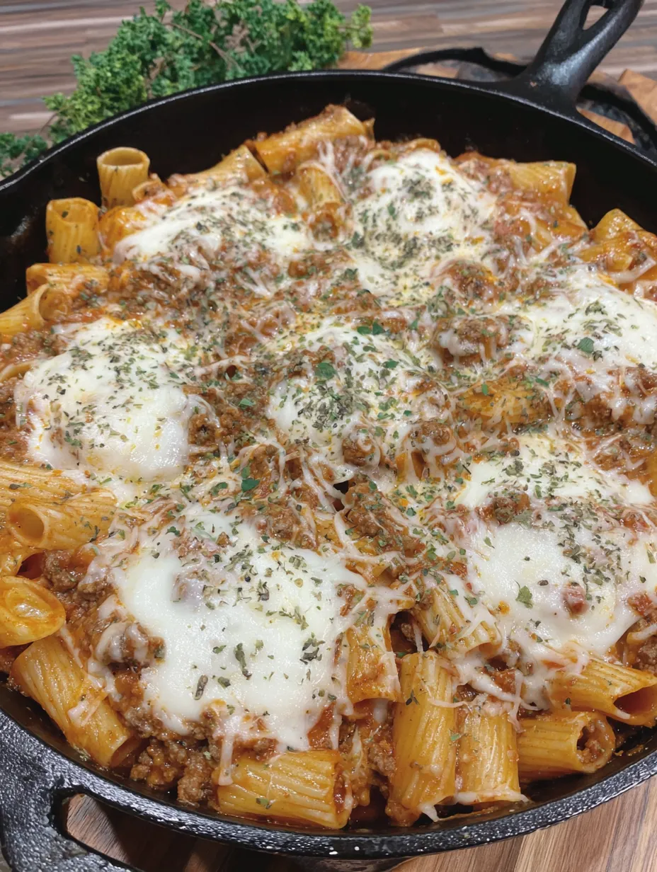 A skillet meal of pasta, meat, and cheese.