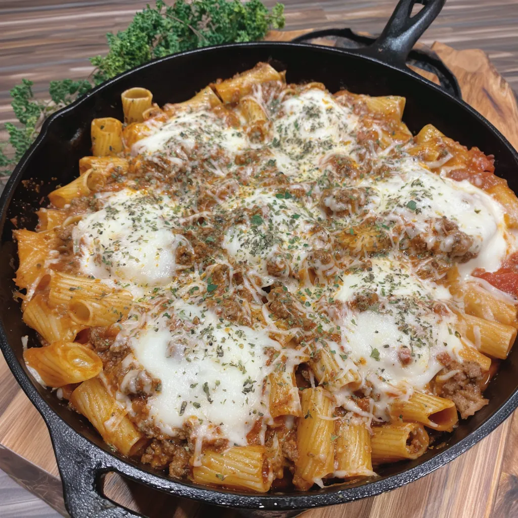 A skillet with a delicious meal of pasta and meat.