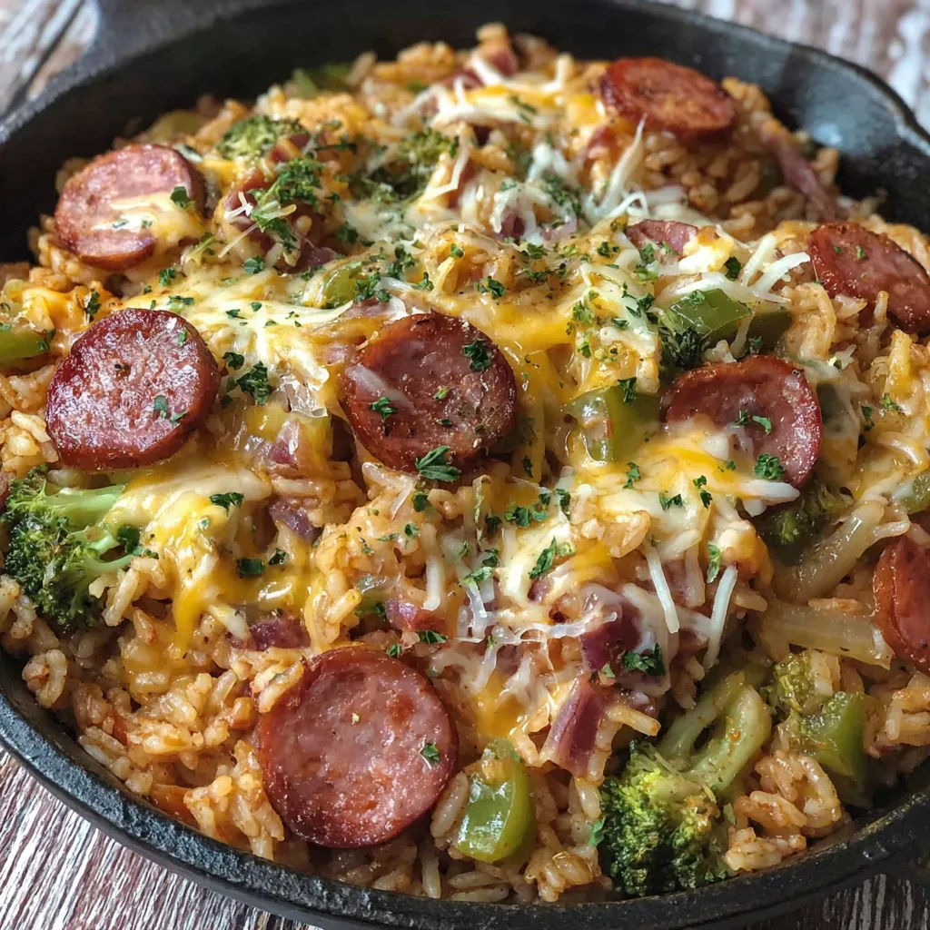 A skillet filled with rice, sausage, and broccoli.