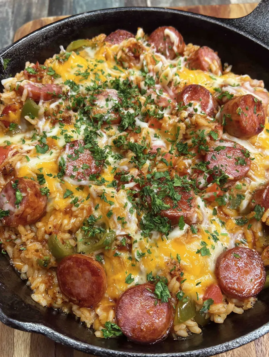 A skillet of cheesy smoked sausage and rice.