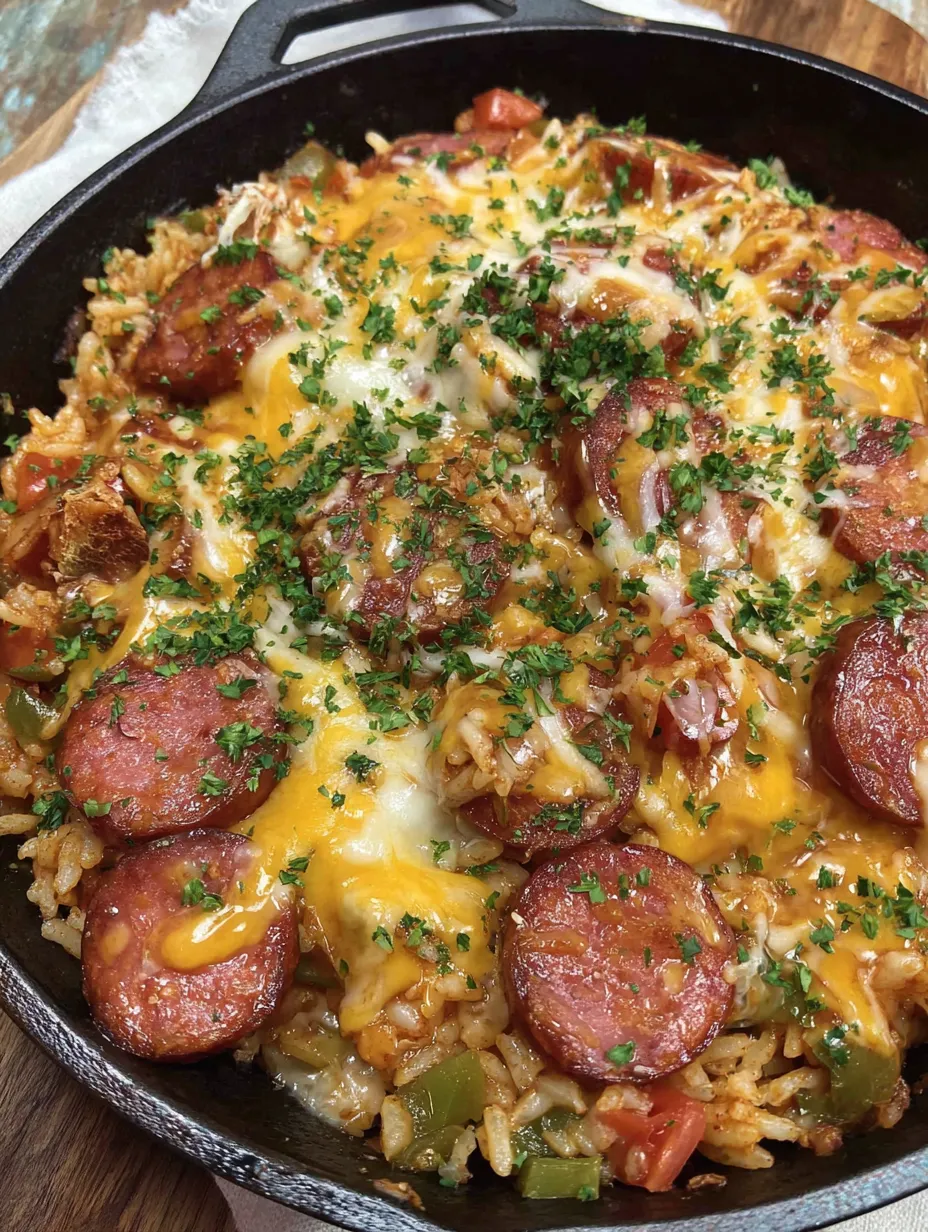 A skillet full of cheesy smoked sausage and rice.
