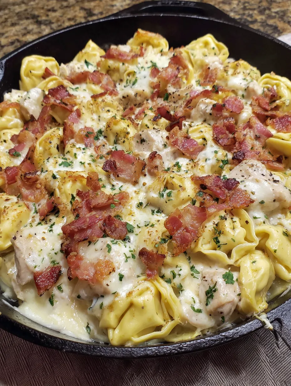 A dish of chicken alfredo tortellini.