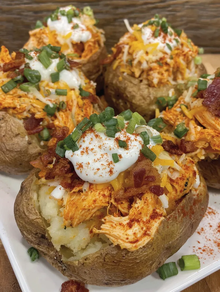 Baked potatoes with buffalo chicken toppings.