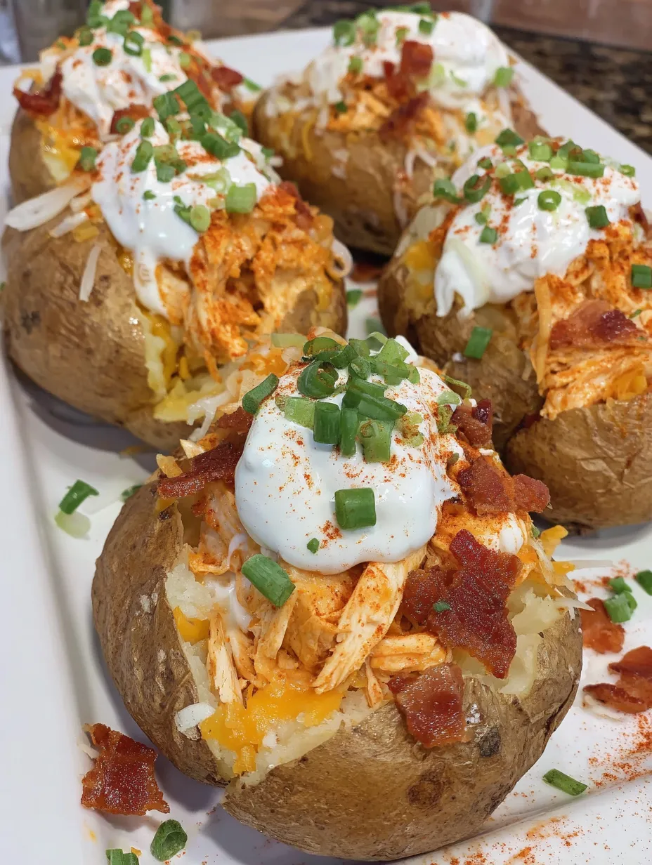 A plate of baked potatoes with buffalo chicken toppings.