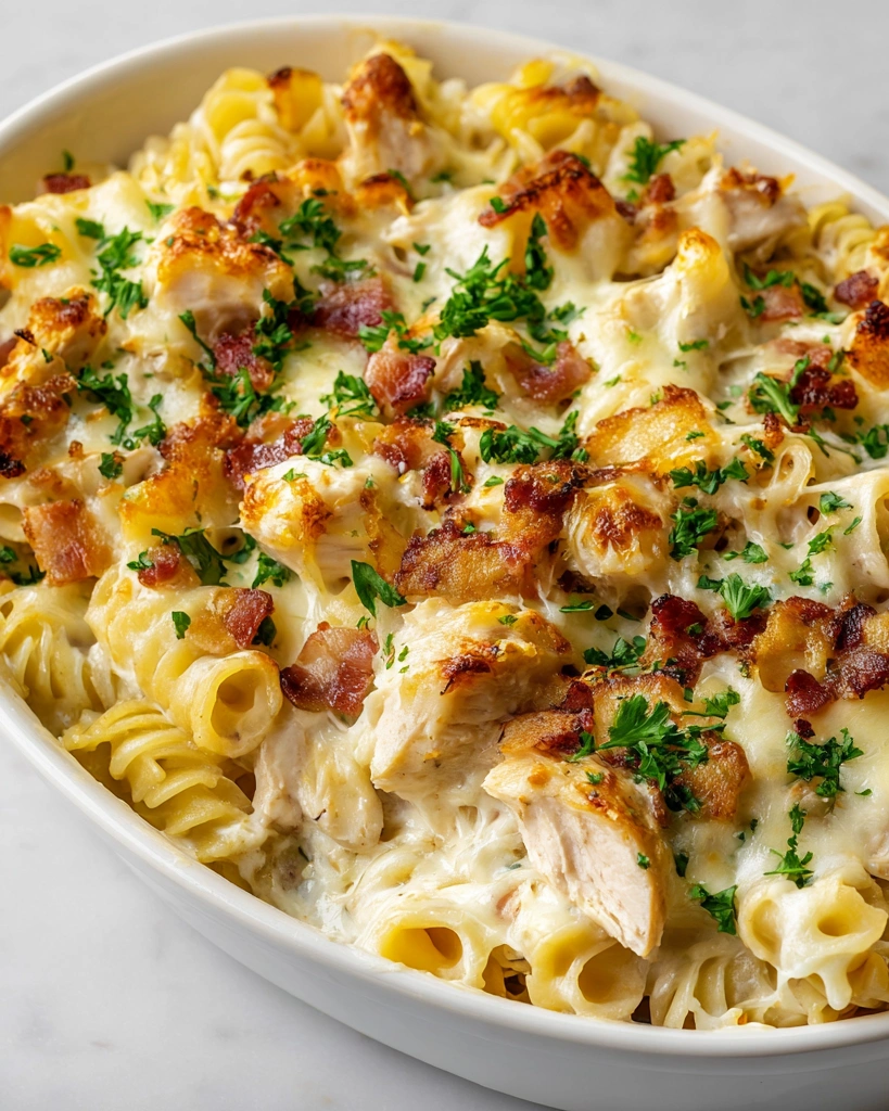 A bowl of pasta with chicken and bacon.