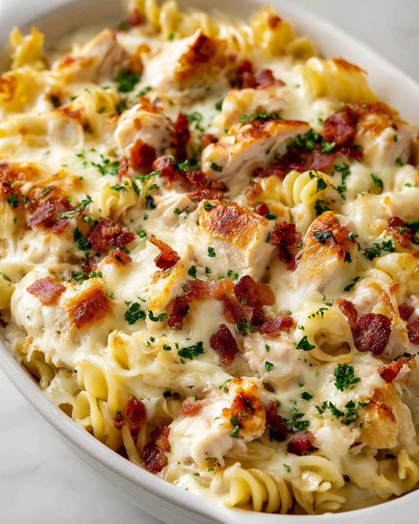 A delicious casserole with chicken, bacon, and noodles.