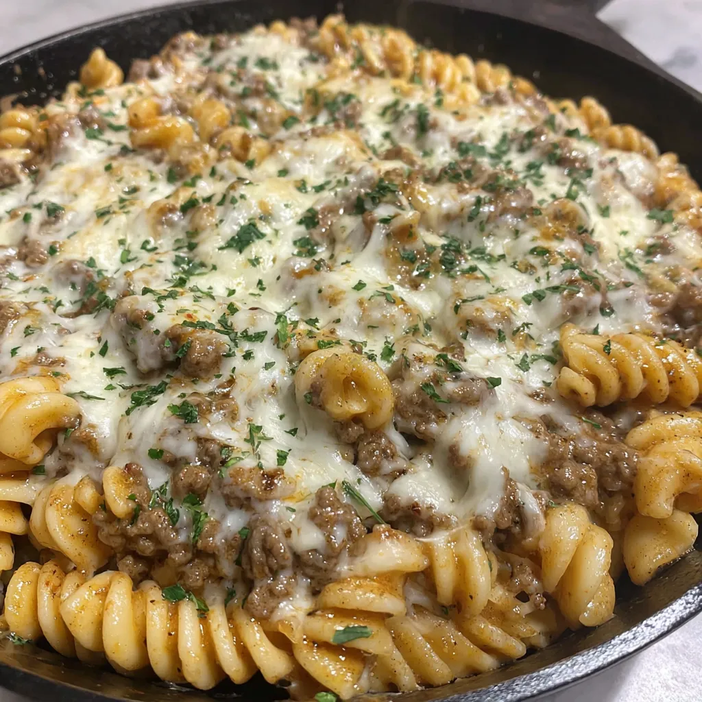 A homemade cheese steak hamburger helper.