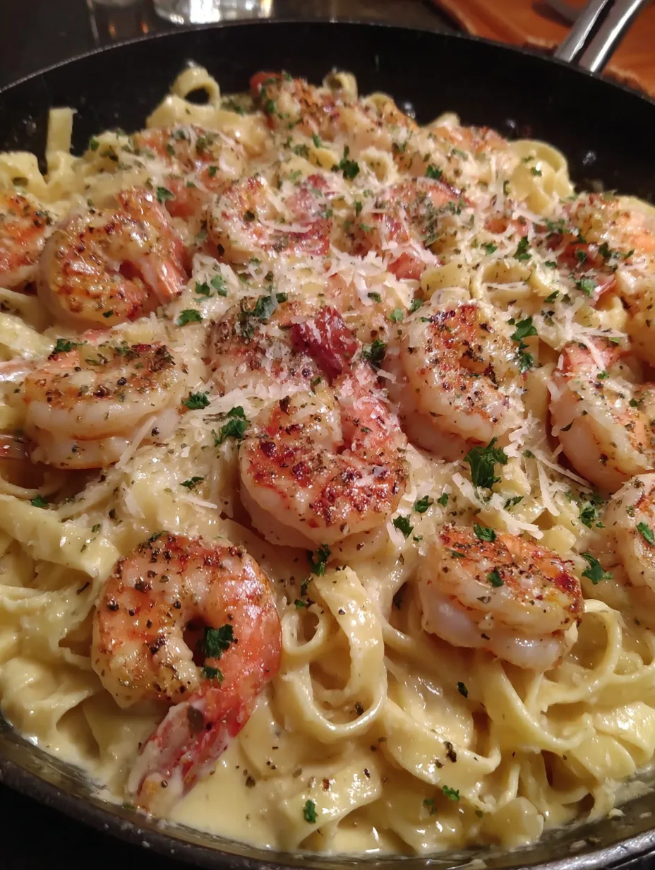 A delicious one pan shrimp fettuccine alfredo.