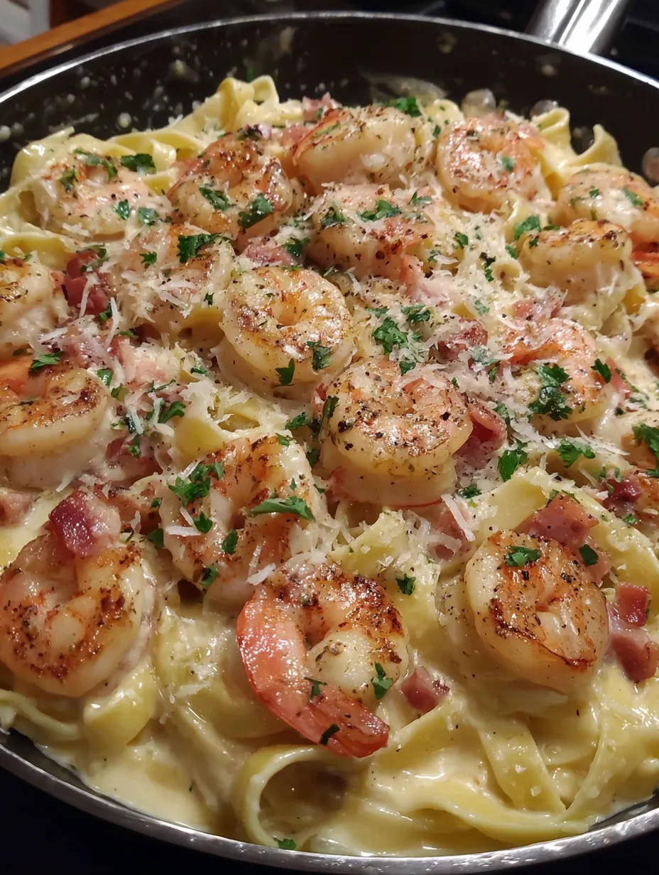 A delicious one pan shrimp fettuccine alfredo.