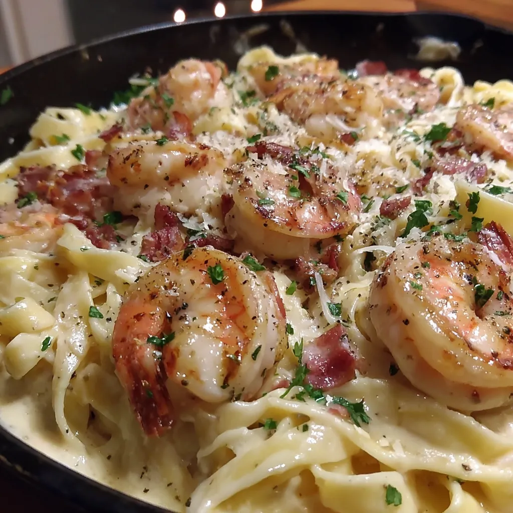 A bowl of shrimp fettuccine alfredo.